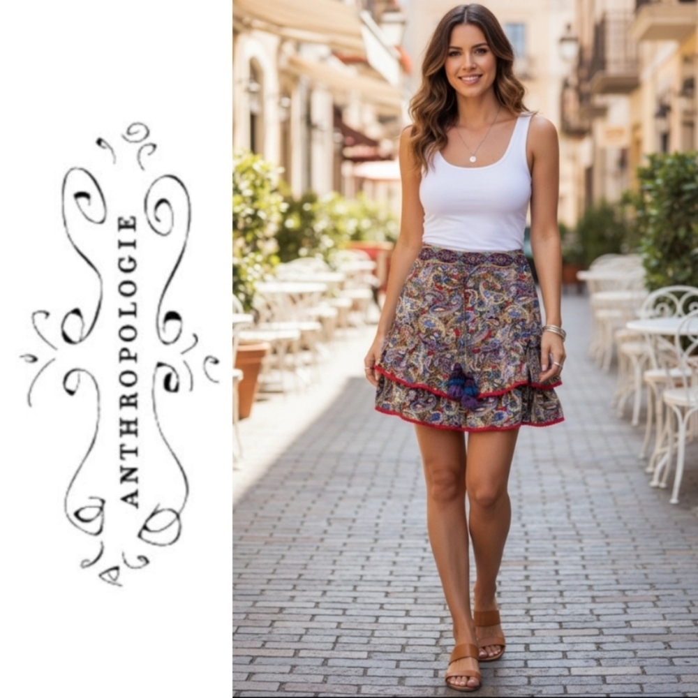 Anthropologie Paisley Asymmetrical Mini Skirt in Multicolor with Red Trim